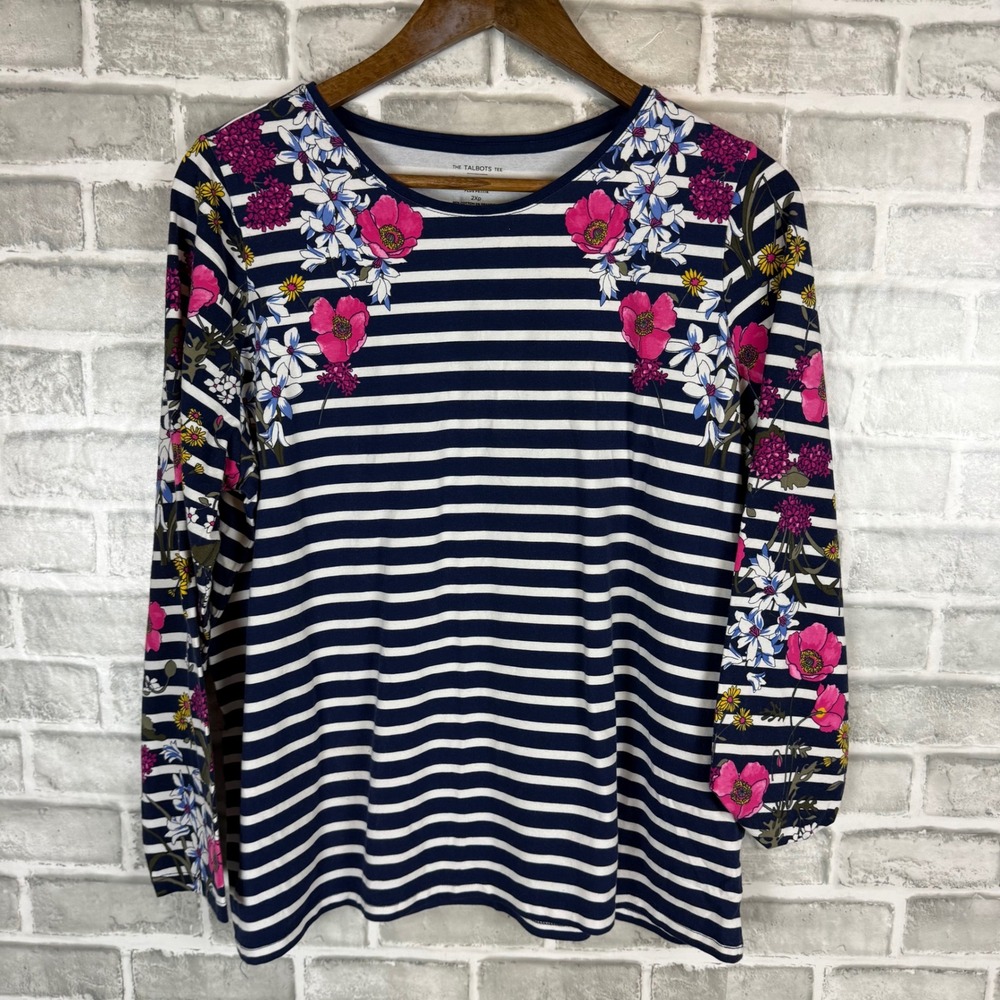 Talbots Navy White Striped Floral Long Sleeve Tee Plus Petite 2XP